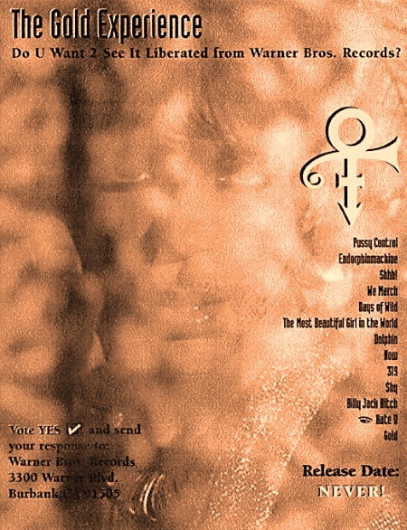 Prince's flyer for the 'Gold Experience' album, as intended for the protest during his 1994 Letterman performance, claiming that the album will 'NEVER' be released.