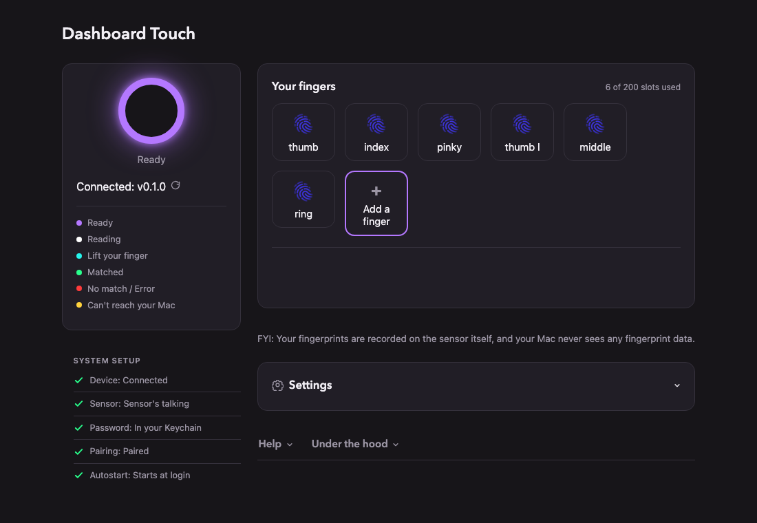 the Dashboard Touch web interface shows how to configure your sensor